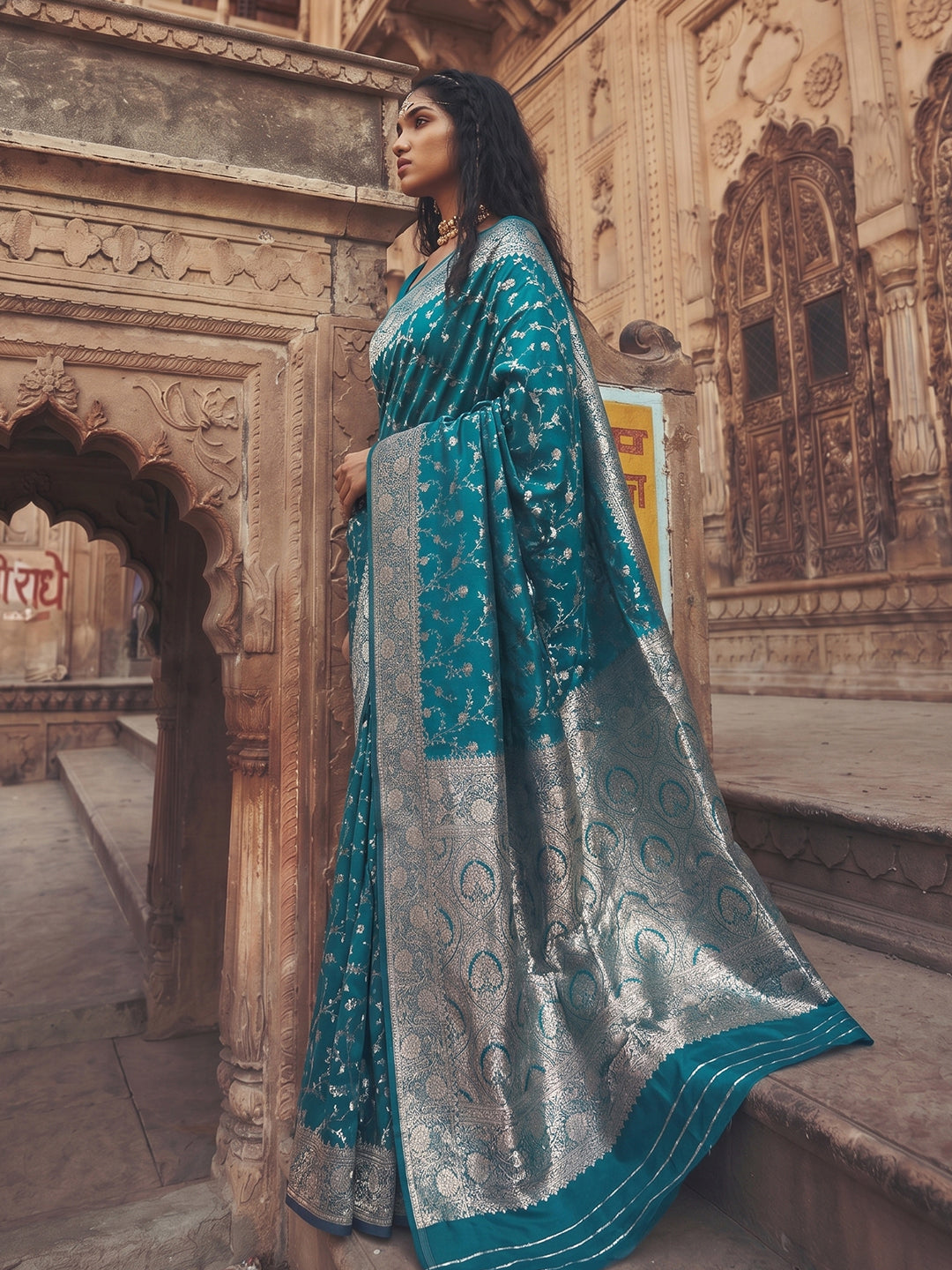 Sutriti Luxurious Teal Blue Soft Silk Saree for Women Festive Wedding Party Wear