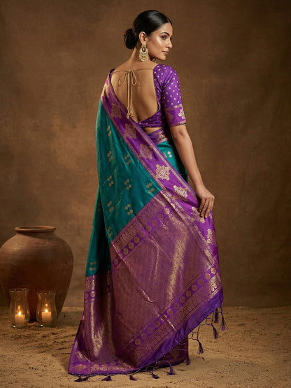 Sutriti Teal Green Banarasi Soft Silk Saree for Women Wedding Festive Ethnic Wear