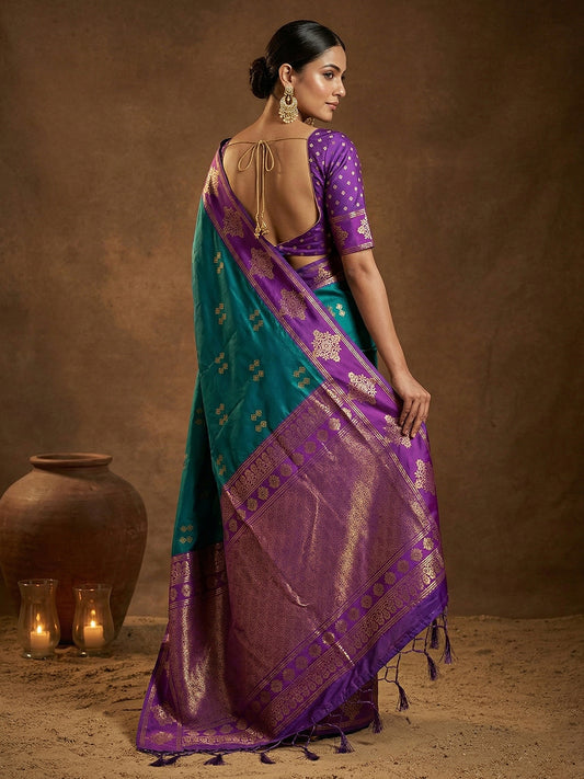 Sutriti Teal Green Banarasi Soft Silk Saree for Women Wedding Festive Ethnic Wear