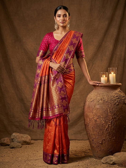 Sutriti Red Orange Banarasi Soft Silk Saree for Women Festive Wedding Ethnic Wear
