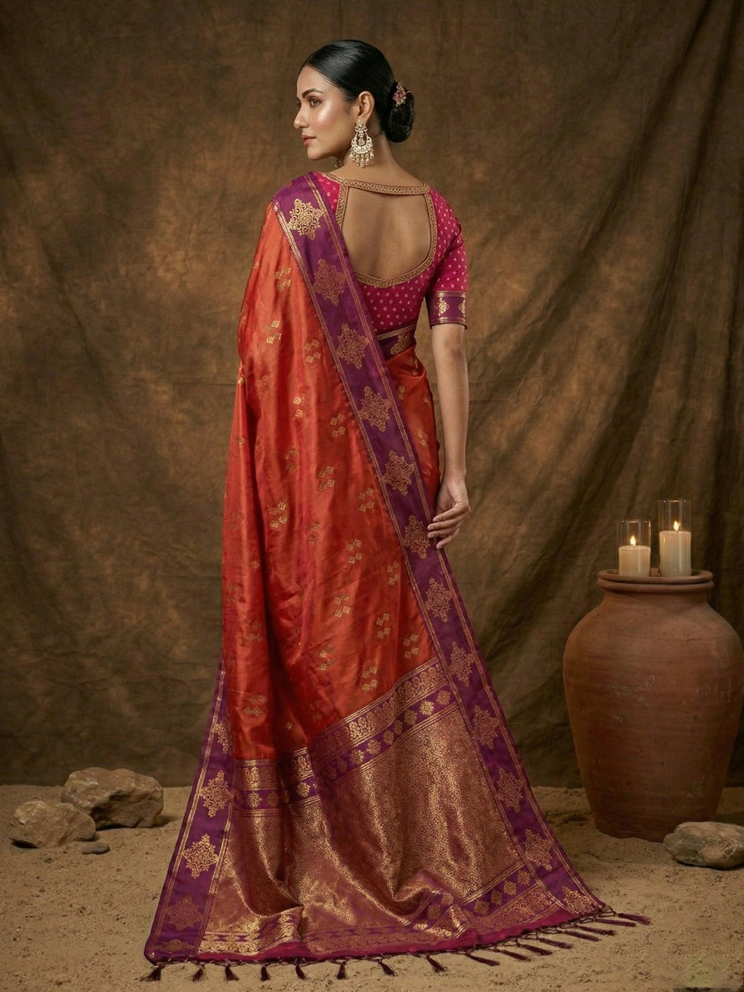 Sutriti Red Orange Banarasi Soft Silk Saree for Women Festive Wedding Ethnic Wear