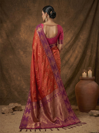 Sutriti Red Orange Banarasi Soft Silk Saree for Women Festive Wedding Ethnic Wear