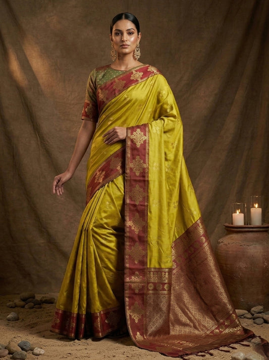Sutriti Mustard Yellow Banarasi Soft Silk Saree for Women Wedding Festive Saree