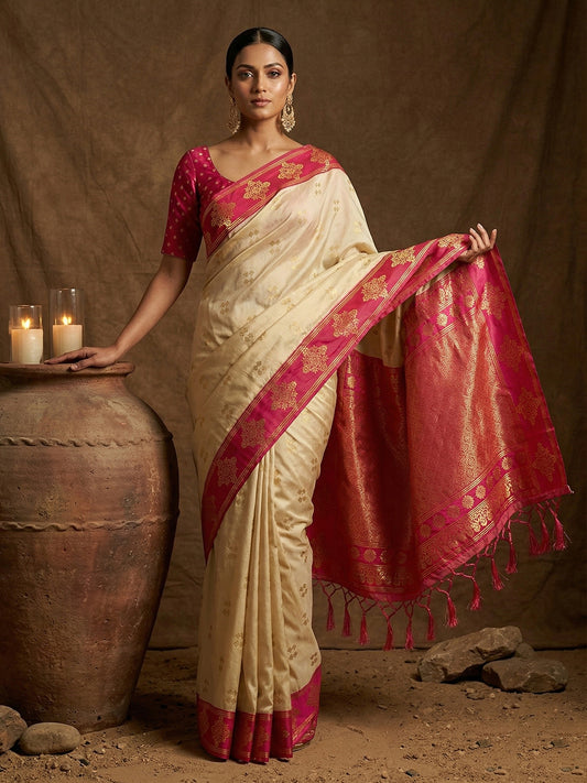 Sutriti Cream Banarasi Soft Silk Saree for Women Festive Wedding Ethnic Saree