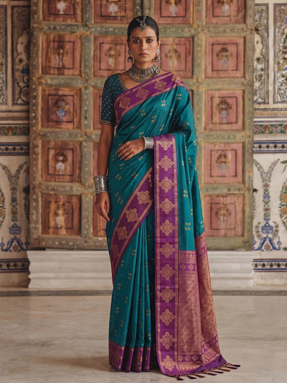 Sutriti Teal Green Banarasi Soft Silk Saree for Women Wedding Festive Ethnic Wear