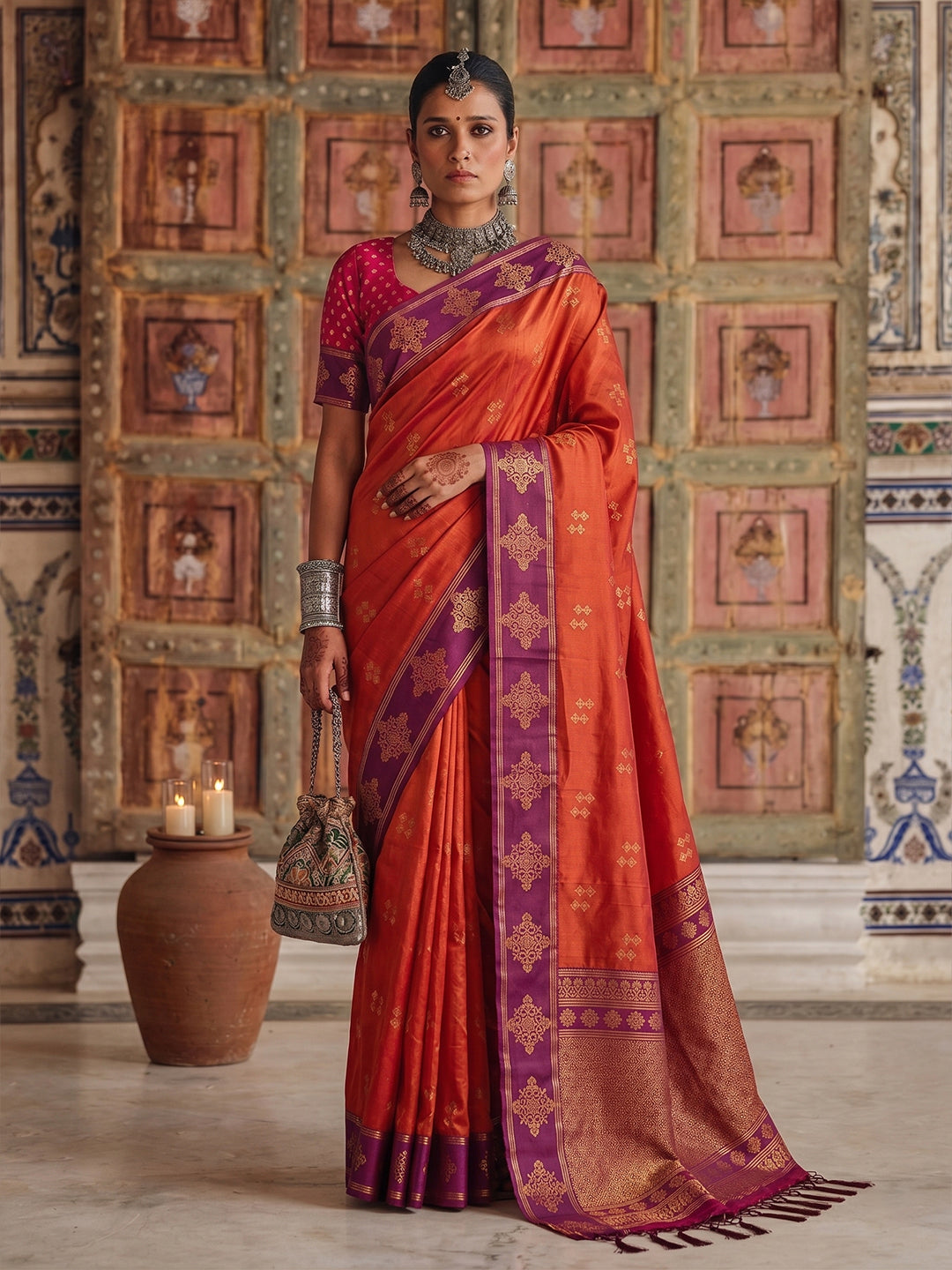 Sutriti Red Orange Banarasi Soft Silk Saree for Women Festive Wedding Ethnic Wear