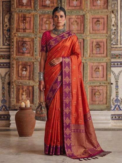 Sutriti Red Orange Banarasi Soft Silk Saree for Women Festive Wedding Ethnic Wear
