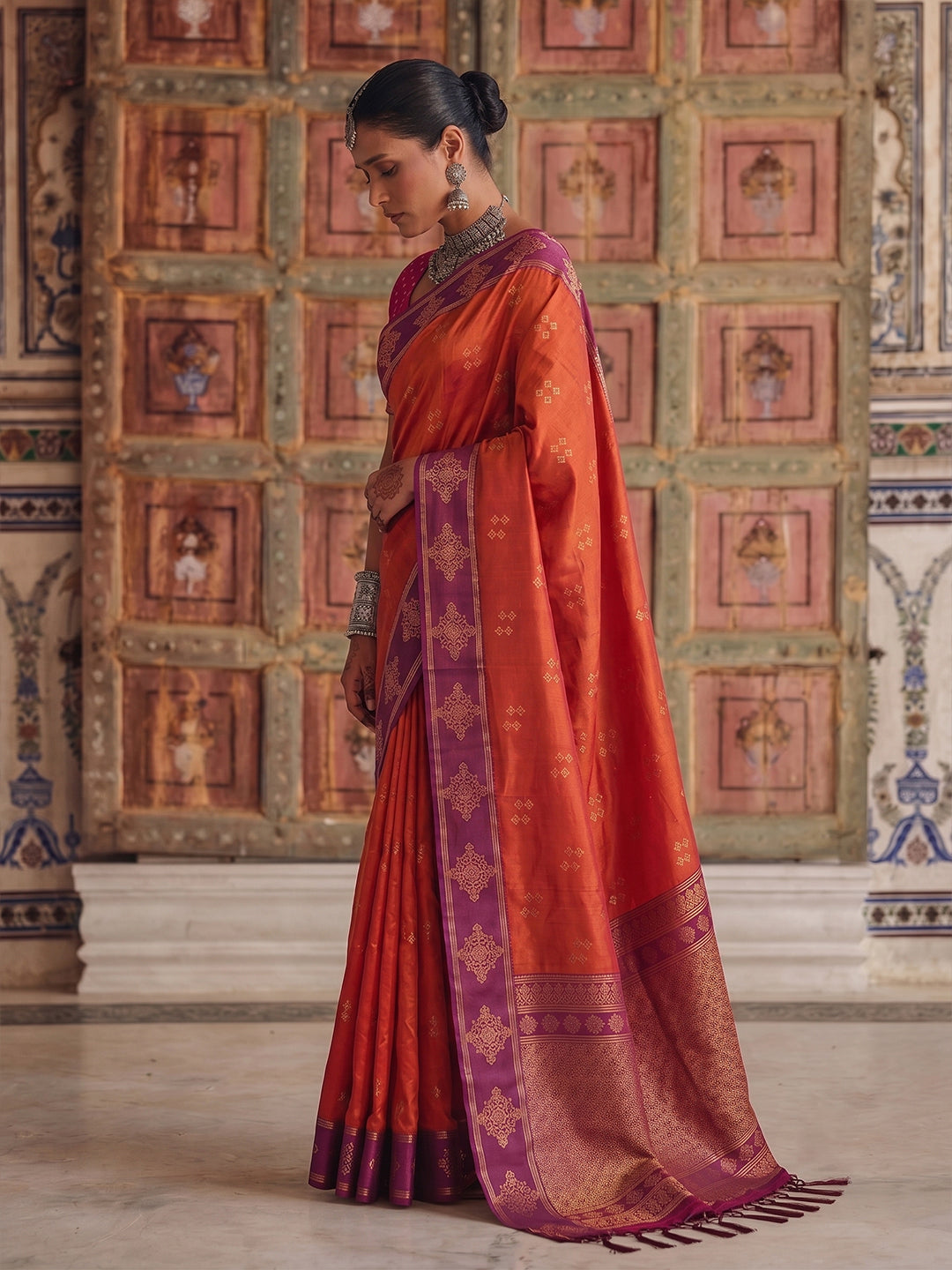 Sutriti Red Orange Banarasi Soft Silk Saree for Women Festive Wedding Ethnic Wear