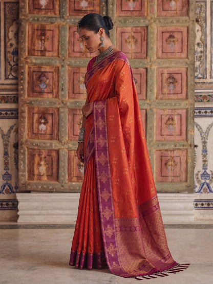 Sutriti Red Orange Banarasi Soft Silk Saree for Women Festive Wedding Ethnic Wear