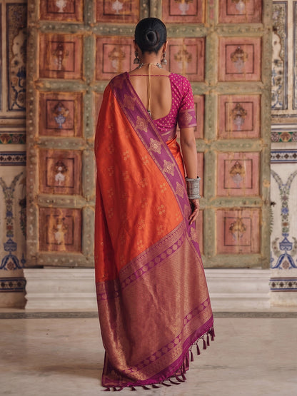 Sutriti Red Orange Banarasi Soft Silk Saree for Women Festive Wedding Ethnic Wear