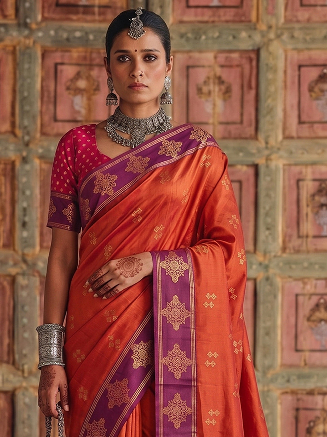 Sutriti Red Orange Banarasi Soft Silk Saree for Women Festive Wedding Ethnic Wear