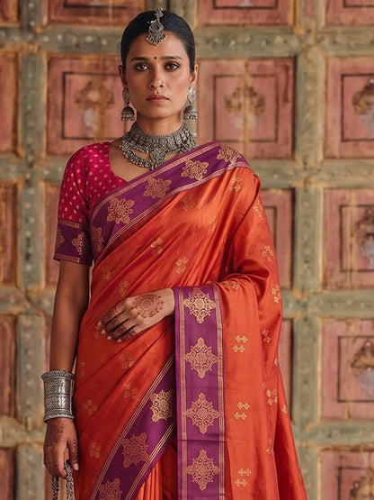 Sutriti Red Orange Banarasi Soft Silk Saree for Women Festive Wedding Ethnic Wear