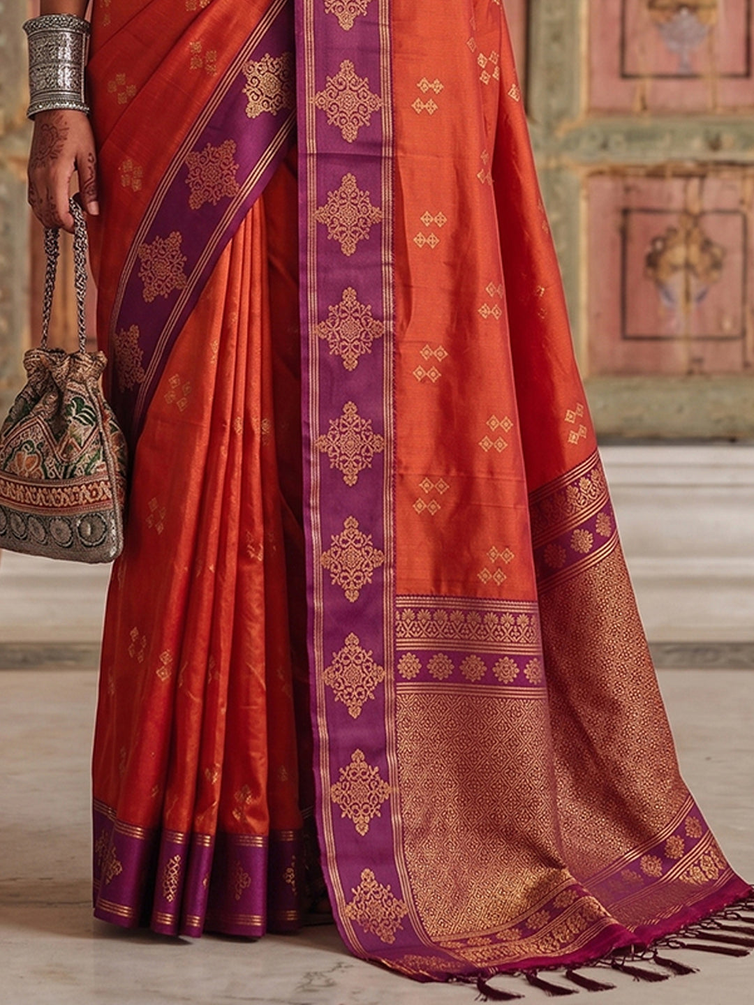 Sutriti Red Orange Banarasi Soft Silk Saree for Women Festive Wedding Ethnic Wear
