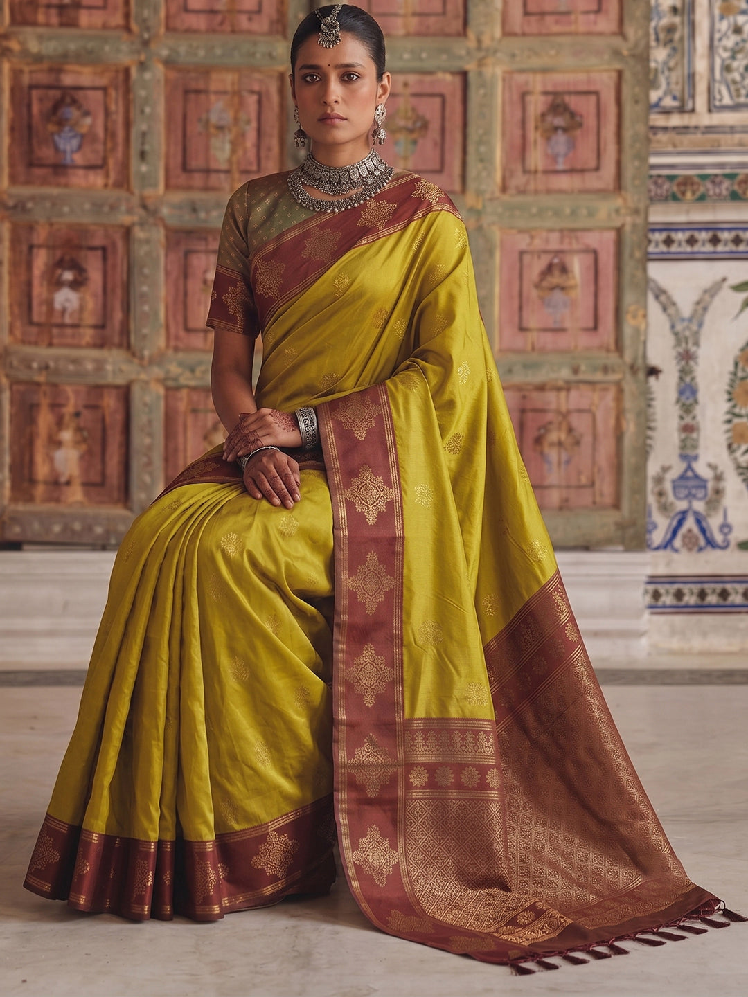 Sutriti Mustard Yellow Banarasi Soft Silk Saree for Women Wedding Festive Saree