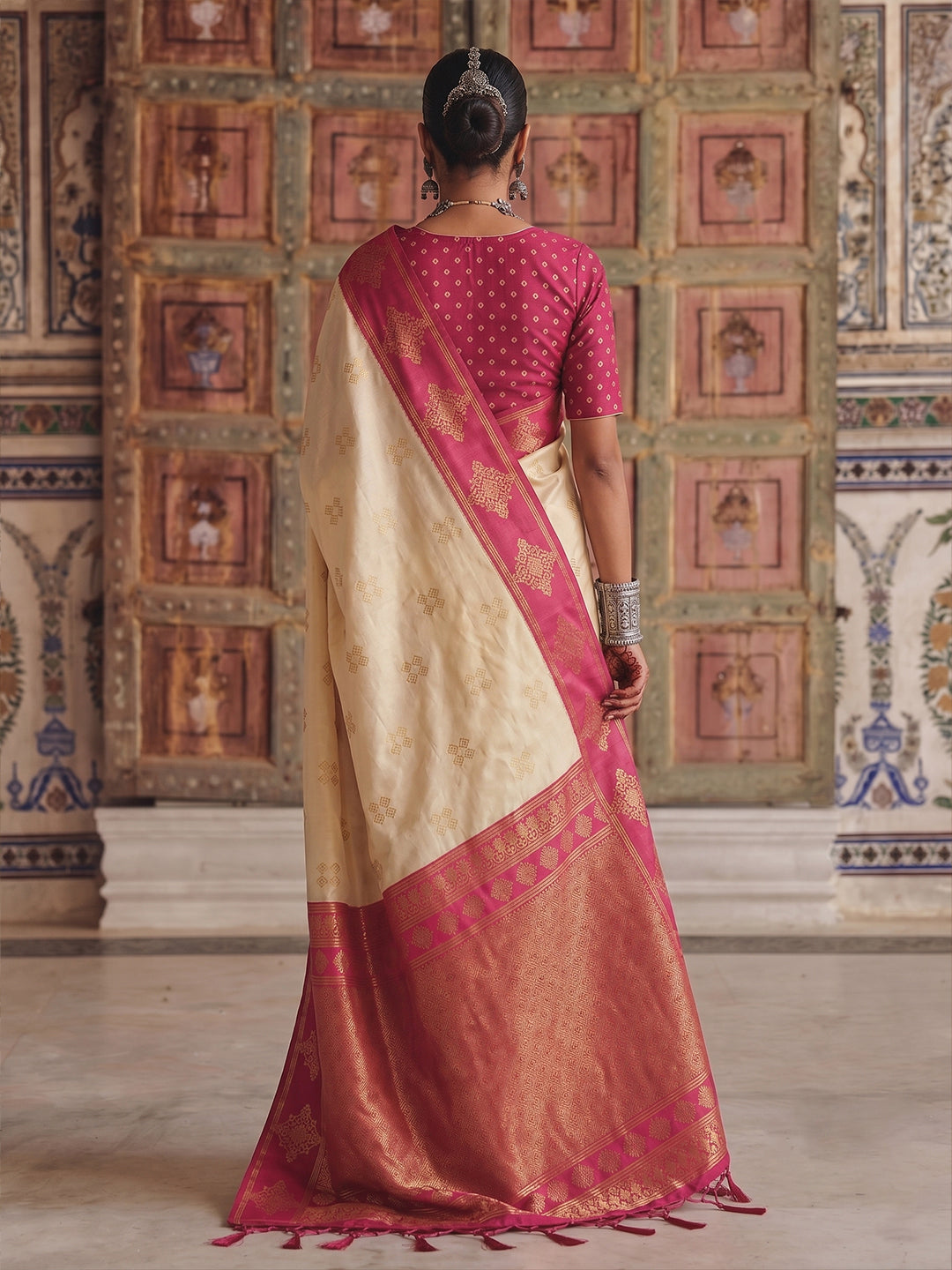 Sutriti Cream Banarasi Soft Silk Saree for Women Festive Wedding Ethnic Saree