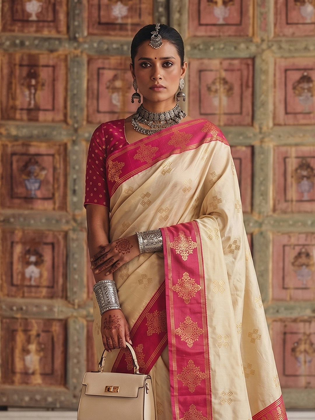 Sutriti Cream Banarasi Soft Silk Saree for Women Festive Wedding Ethnic Saree