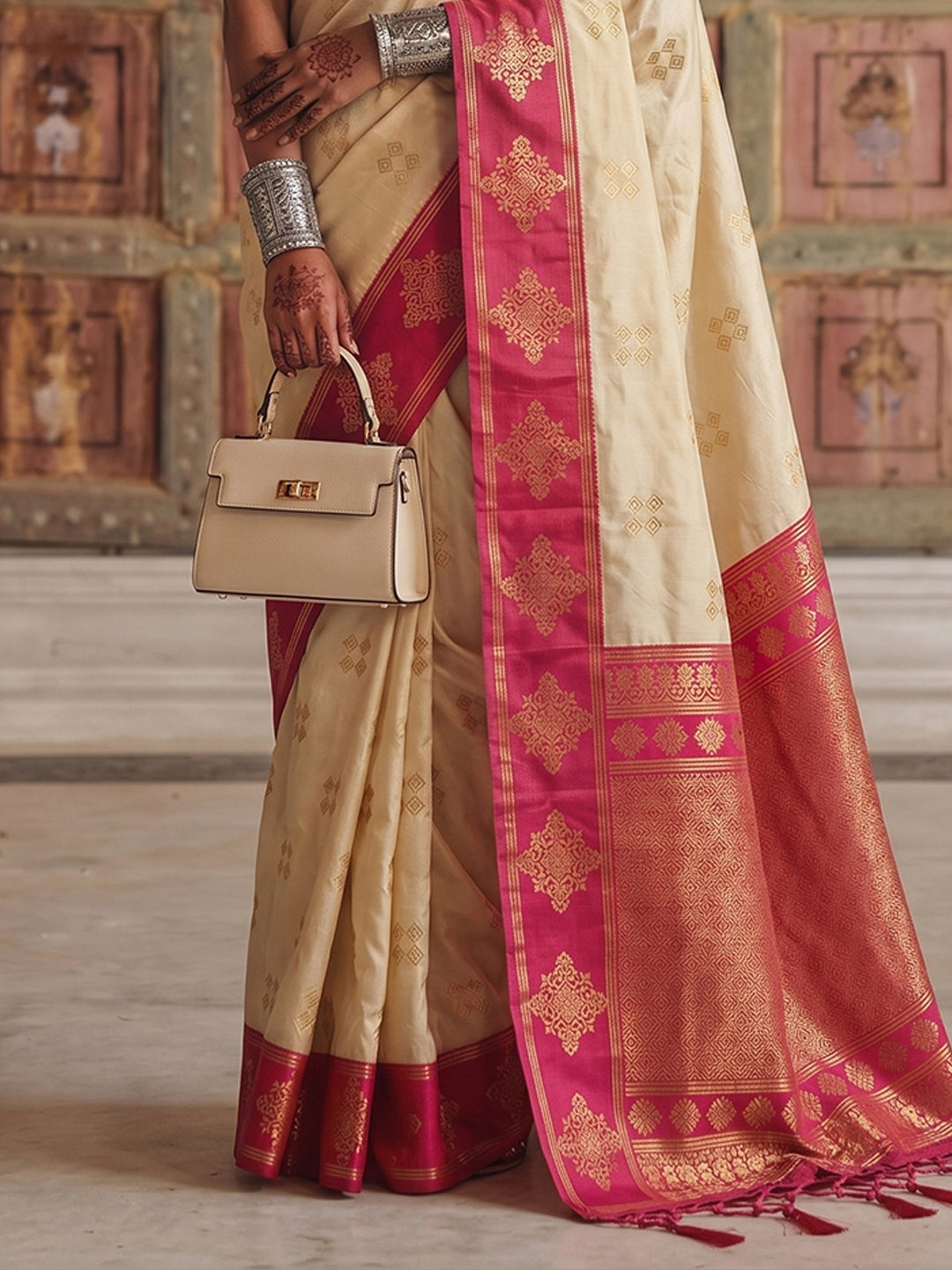 Sutriti Cream Banarasi Soft Silk Saree for Women Festive Wedding Ethnic Saree