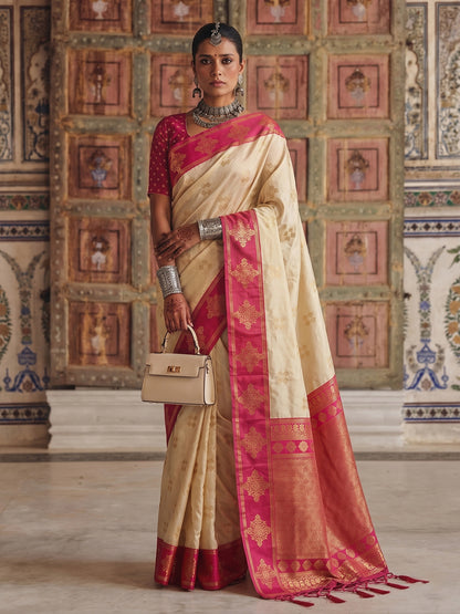Sutriti Cream Banarasi Soft Silk Saree for Women Festive Wedding Ethnic Saree