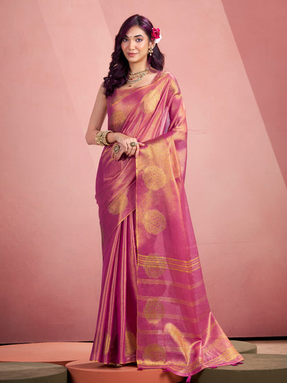 Sutriti Women Magenta Purple Woven Tissue Silk Saree with Mandala Motifs