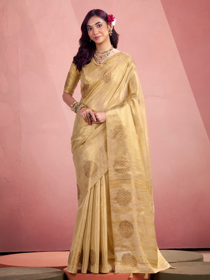 Sutriti Women Golden Beige Woven Tissue Silk Saree with Mandala Motifs