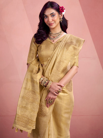 Sutriti Women Golden Beige Woven Tissue Silk Saree with Mandala Motifs