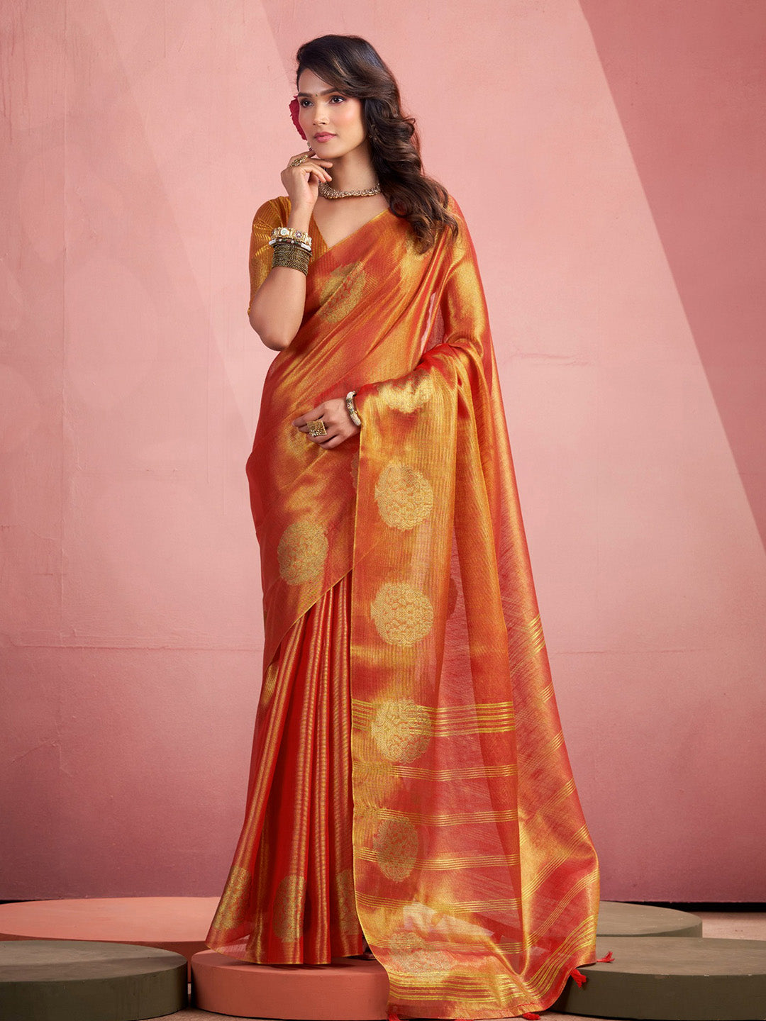 Sutriti Women Rust Orange Woven Tissue Silk Saree with Mandala Motifs