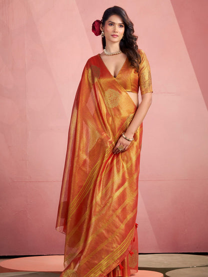 Sutriti Women Rust Orange Woven Tissue Silk Saree with Mandala Motifs