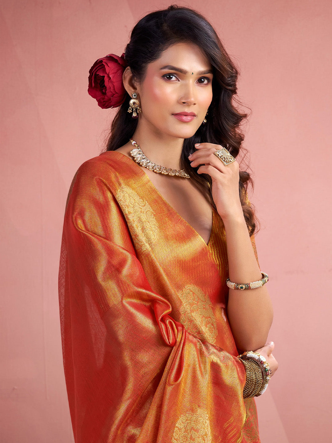 Sutriti Women Rust Orange Woven Tissue Silk Saree with Mandala Motifs