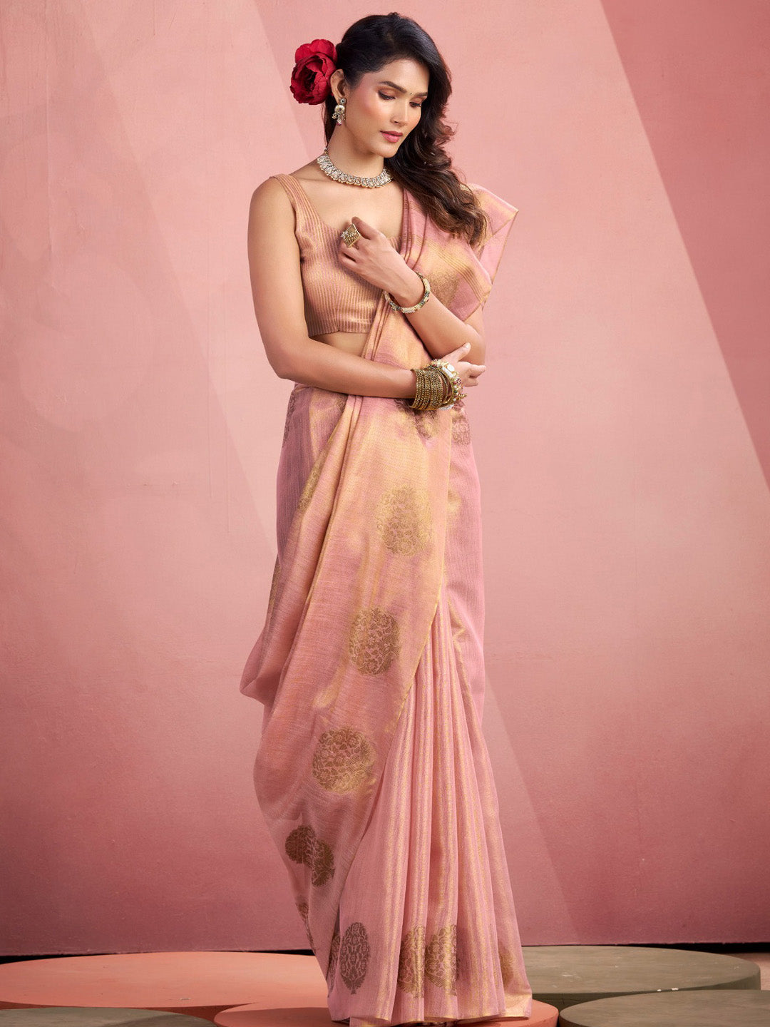 Sutriti Women Peach & Gold Woven Tissue Silk Saree with Mandala Motifs