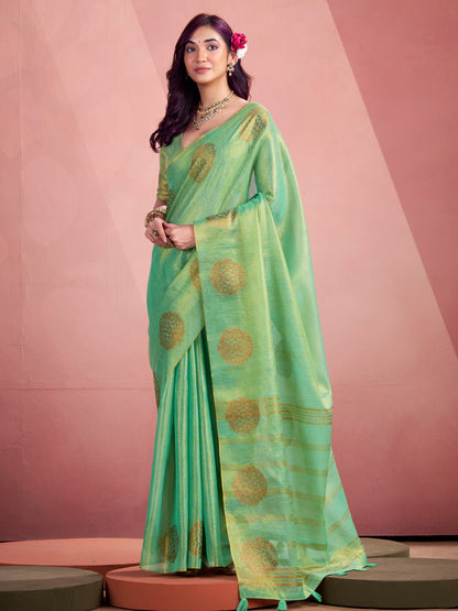 Sutriti Women Sea Green Woven Tissue Silk Saree with Mandala Motifs