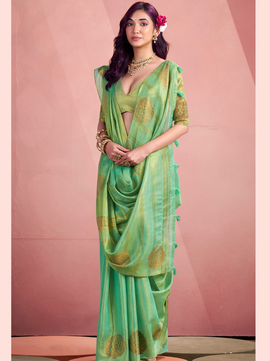 Sutriti Women Sea Green Woven Tissue Silk Saree with Mandala Motifs