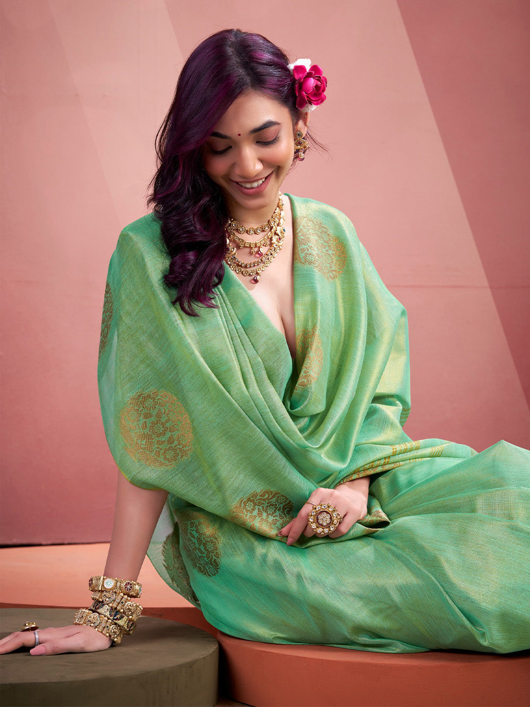 Sutriti Women Sea Green Woven Tissue Silk Saree with Mandala Motifs