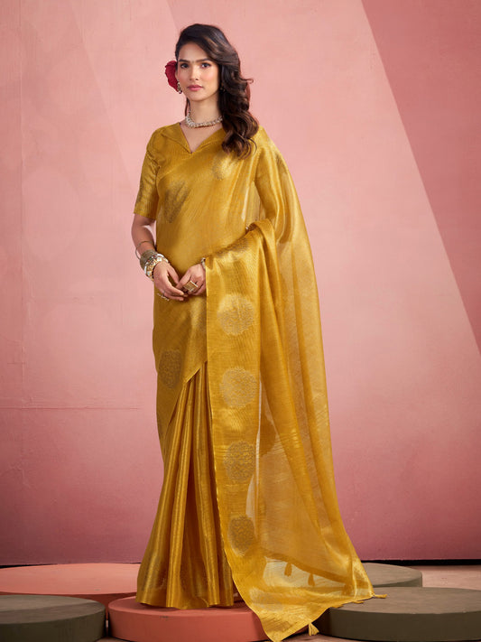Sutriti Women Mustard Yellow Woven Tissue Silk Saree with Mandala Motifs