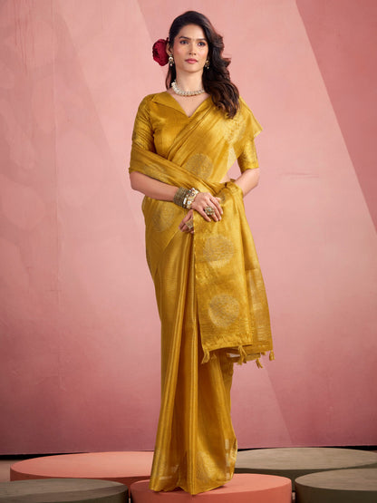 Sutriti Women Mustard Yellow Woven Tissue Silk Saree with Mandala Motifs