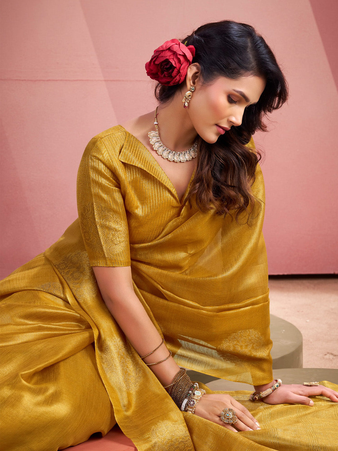 Sutriti Women Mustard Yellow Woven Tissue Silk Saree with Mandala Motifs