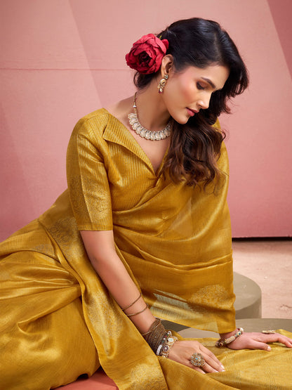 Sutriti Women Mustard Yellow Woven Tissue Silk Saree with Mandala Motifs