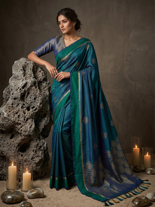 Sutriti Teal Blue Soft Silk Saree for Women with Navy Blouse Wedding Party Wear