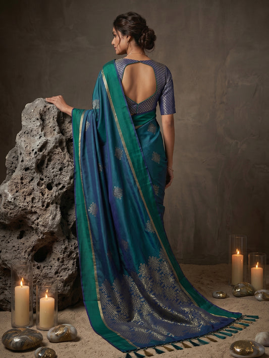 Sutriti Teal Blue Soft Silk Saree for Women with Navy Blouse Wedding Party Wear