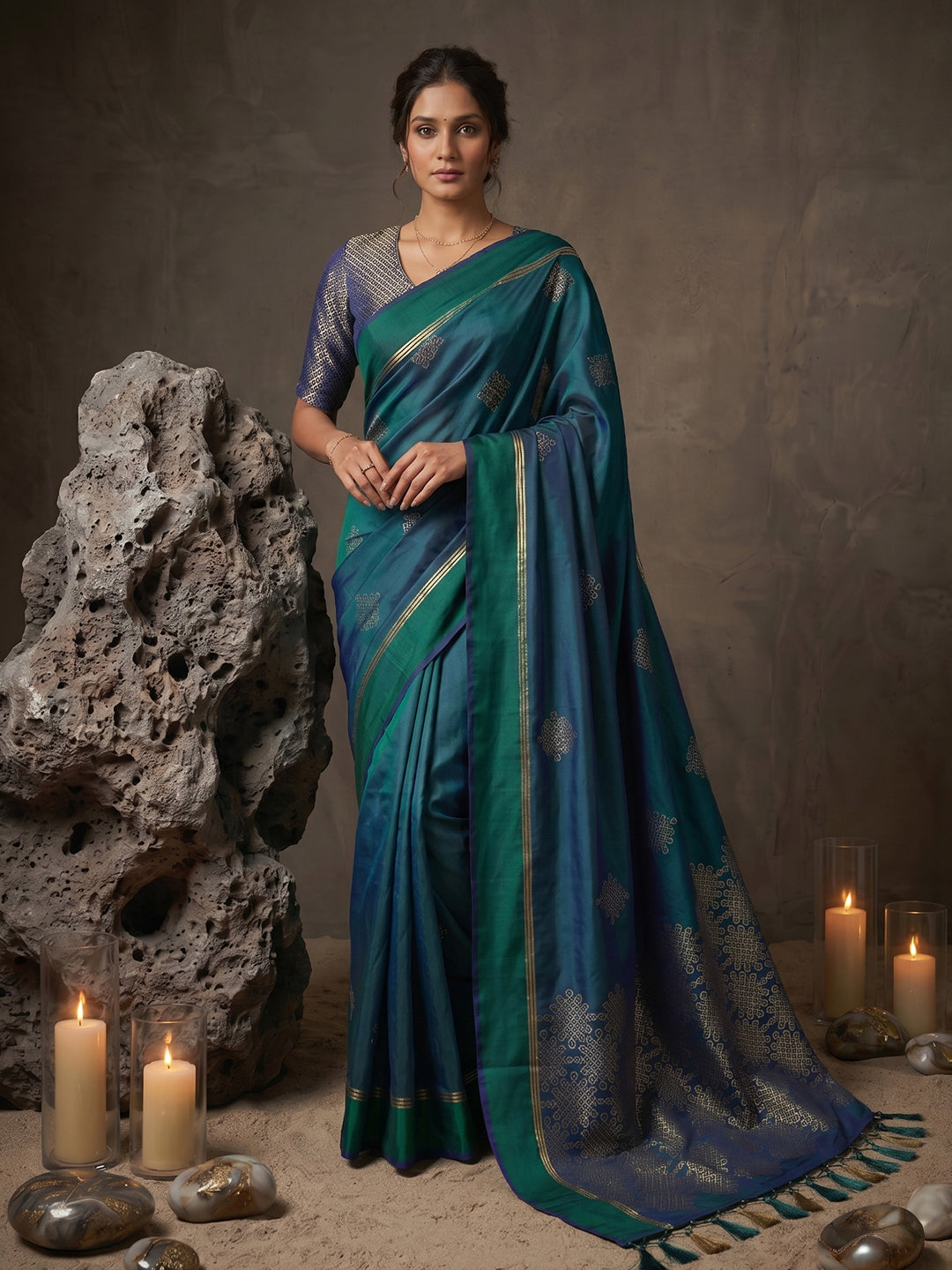 Sutriti Teal Blue Soft Silk Saree for Women with Navy Blouse Wedding Party Wear