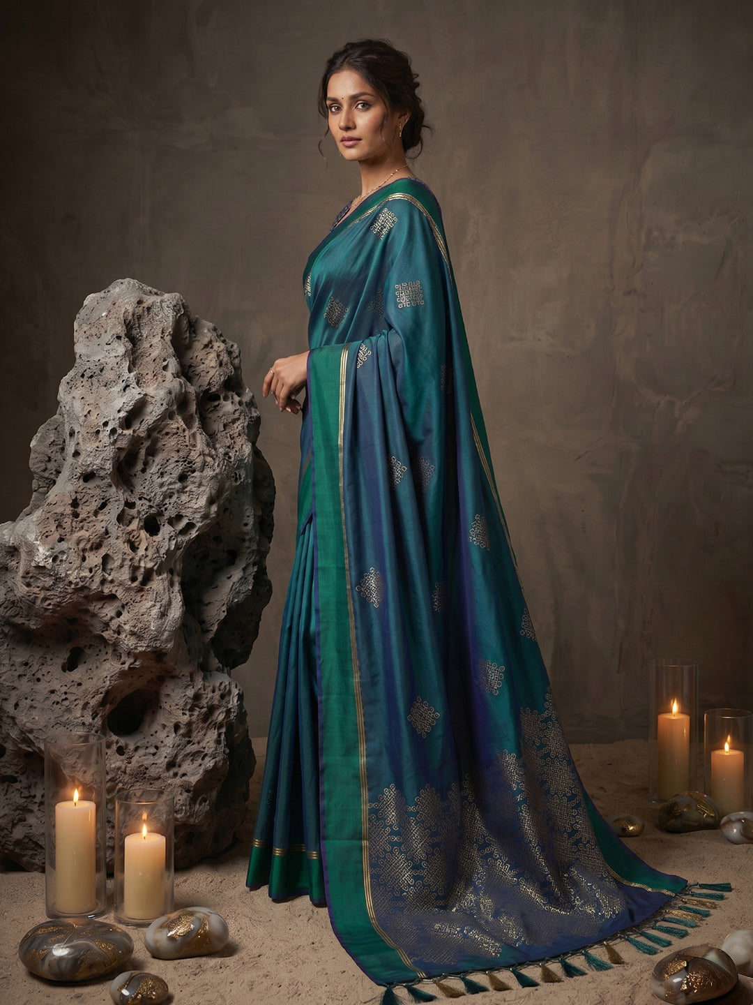 Sutriti Teal Blue Soft Silk Saree for Women with Navy Blouse Wedding Party Wear