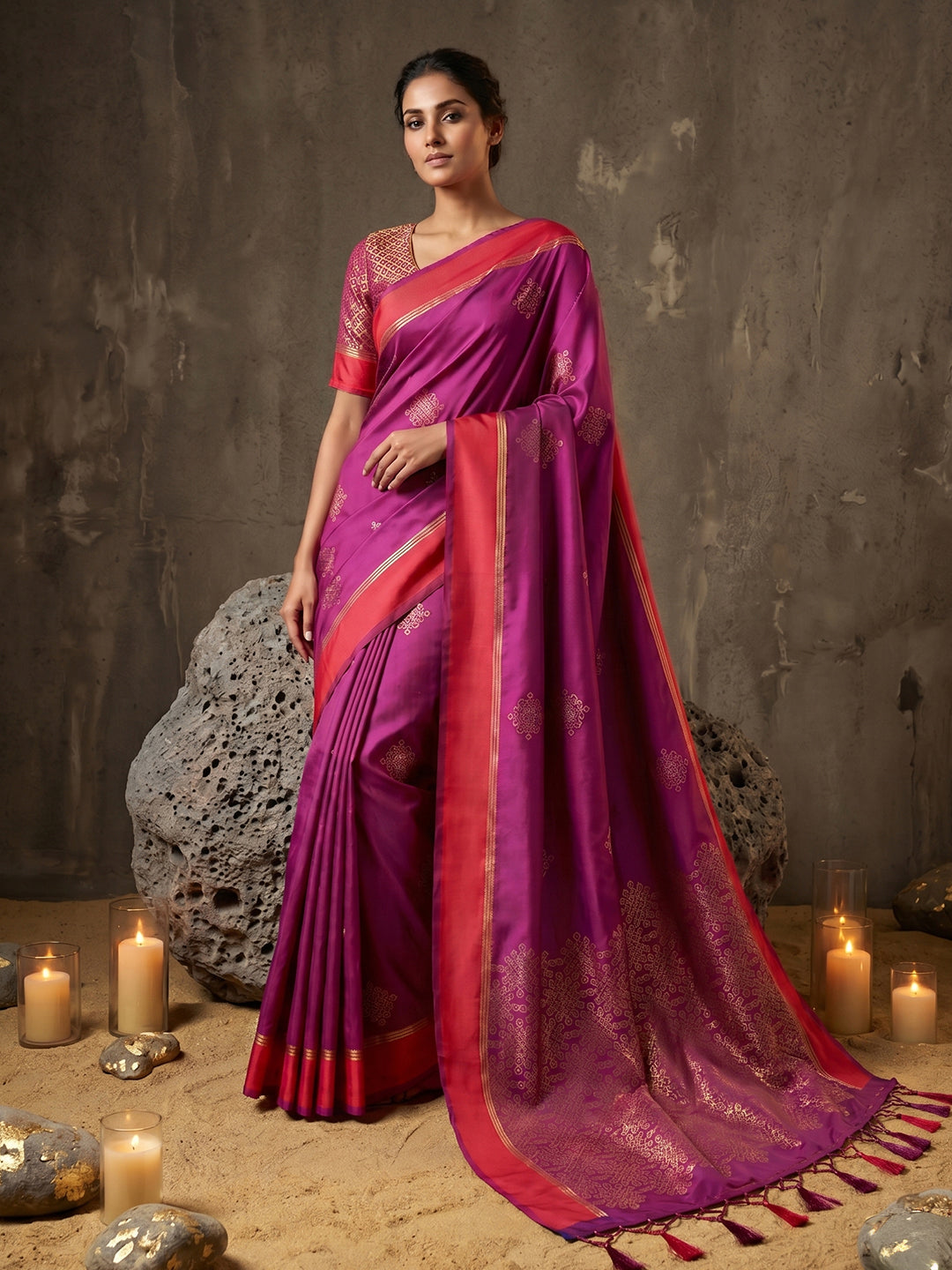 Sutriti Magenta Soft Silk Saree for Women with Red Blouse Wedding Party Wear