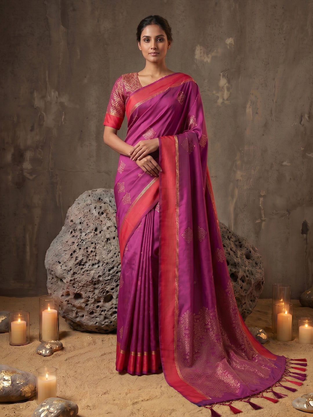 Sutriti Magenta Soft Silk Saree for Women with Red Blouse Wedding Party Wear