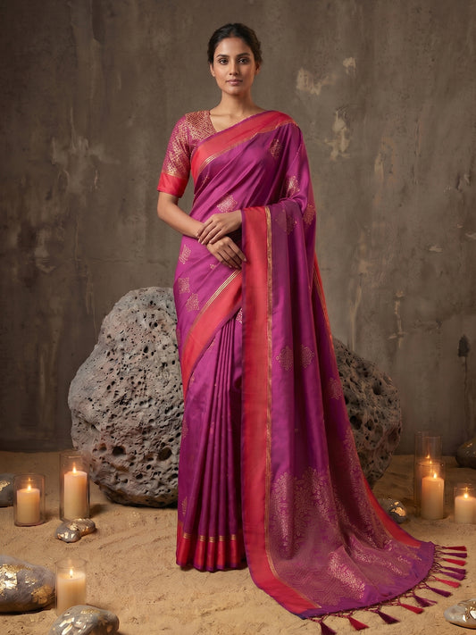 Sutriti Magenta Soft Silk Saree for Women with Red Blouse Wedding Party Wear