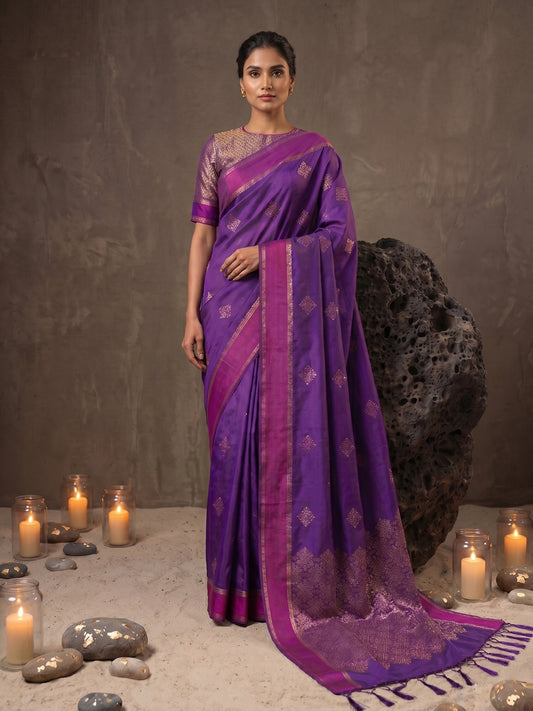 Sutriti Violet Soft Silk Saree for Women with Blue Blouse Wedding Party Wear