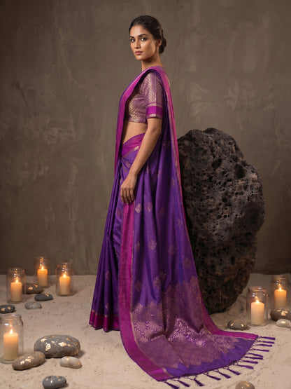 Sutriti Violet Soft Silk Saree for Women with Blue Blouse Wedding Party Wear