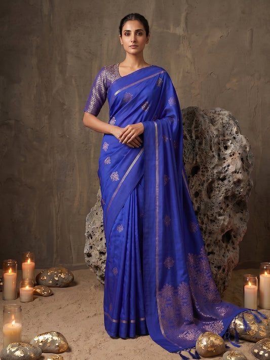 Sutriti Royal Blue Soft Silk Saree for Women with Blue Blouse Wedding Party Wear