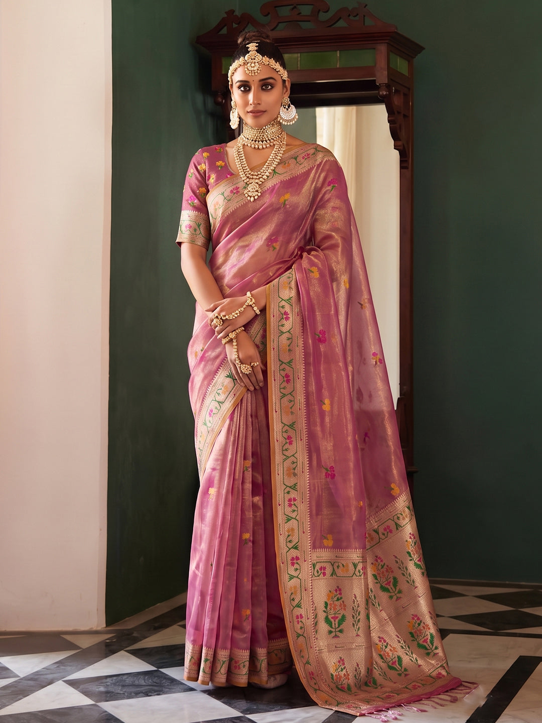 Sutriti Rose Pink Tissue Silk Saree for Women Festive Party Wedding Wear
