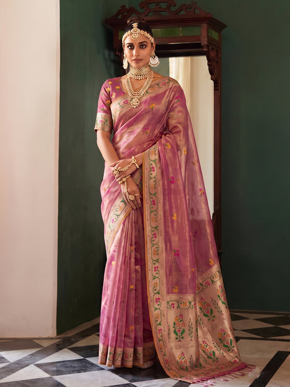 Sutriti Rose Pink Tissue Silk Saree for Women Festive Party Wedding Wear