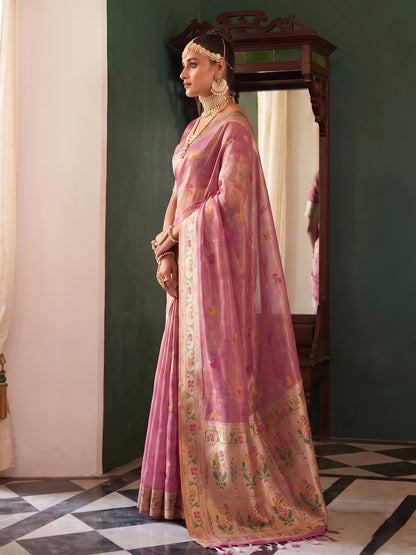 Sutriti Rose Pink Tissue Silk Saree for Women Festive Party Wedding Wear