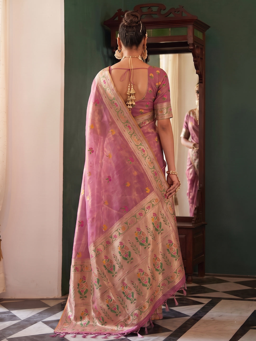 Sutriti Rose Pink Tissue Silk Saree for Women Festive Party Wedding Wear